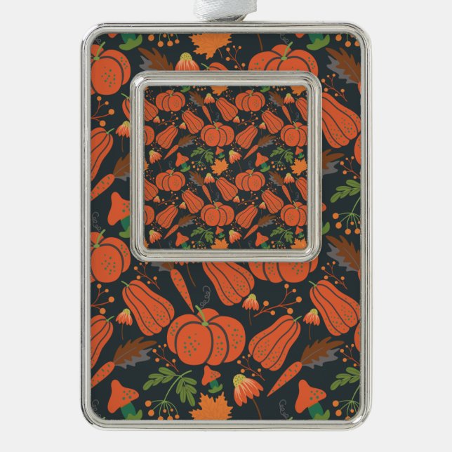 Red pumpkin seamless pattern and carrots silver plated framed ornament (Front)