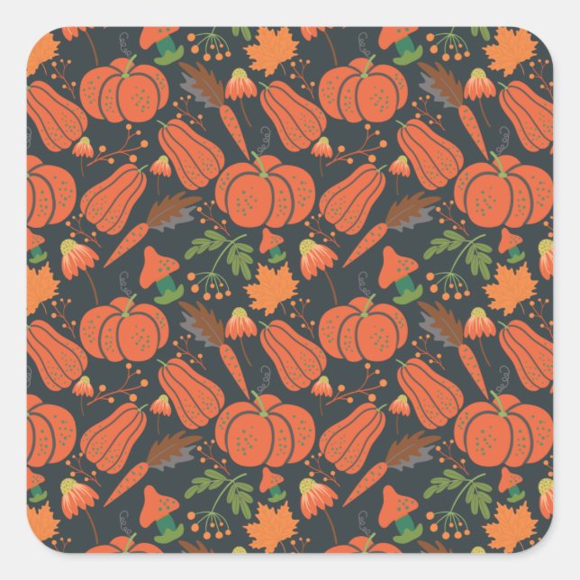 Red pumpkin seamless pattern and carrots square sticker (Front)