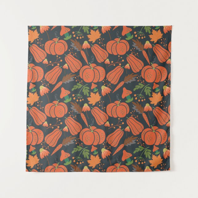 Red pumpkin seamless pattern and carrots tapestry (Front)