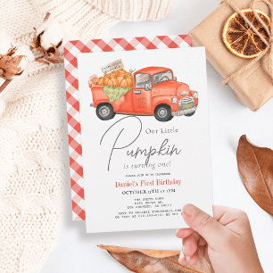 Red Pumpkin Truck Gingham 1st Birthday Invitation