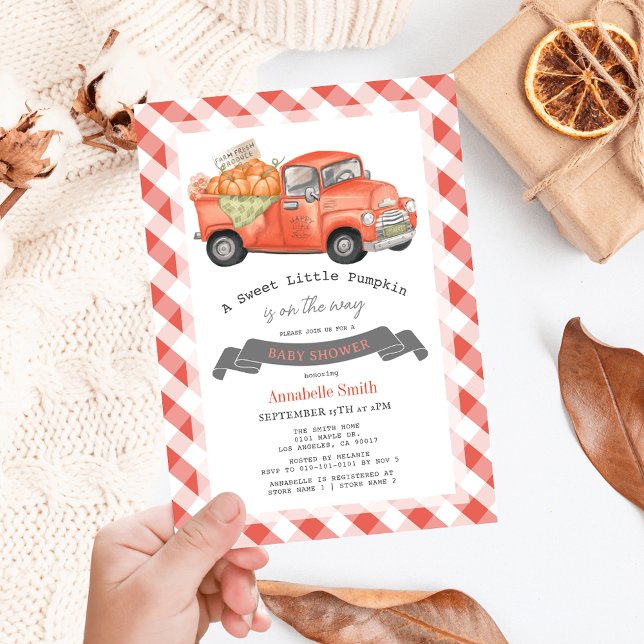Red Pumpkin Truck Gingham Baby Shower Invitation (Creator Uploaded)