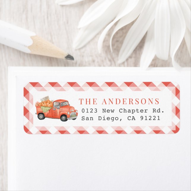 Red Pumpkin Truck Gingham Return Address Label (Insitu)