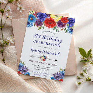 Red, Purple and Blue Summer Flowers 21st Birthday Invitation