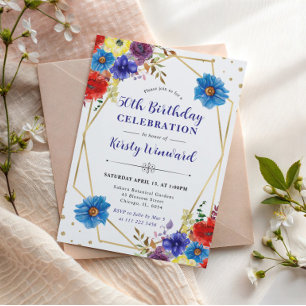 Red, Purple and Blue  Summer Flowers 50th Birthday Invitation