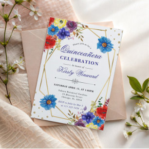Red, Purple and Blue Summer Flowers Quinceanera Invitation