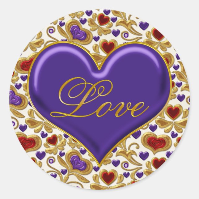 Red Purple and Gold Hearts Ornate Gold Swirls Love Classic Round Sticker (Front)