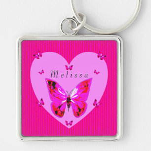 Red Purple Butterflies Fancy Script Custom Name  K Key Ring