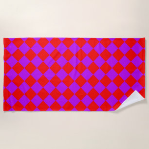 Red Purple Chequered Diamond Pattern  Beach Towel