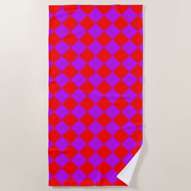 Red Purple Chequered Diamond Pattern  Beach Towel (Front)