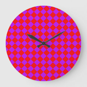 Red Purple Chequered Diamond Pattern Large Clock