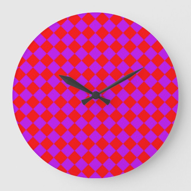 Red Purple Chequered Diamond Pattern Large Clock (Front)