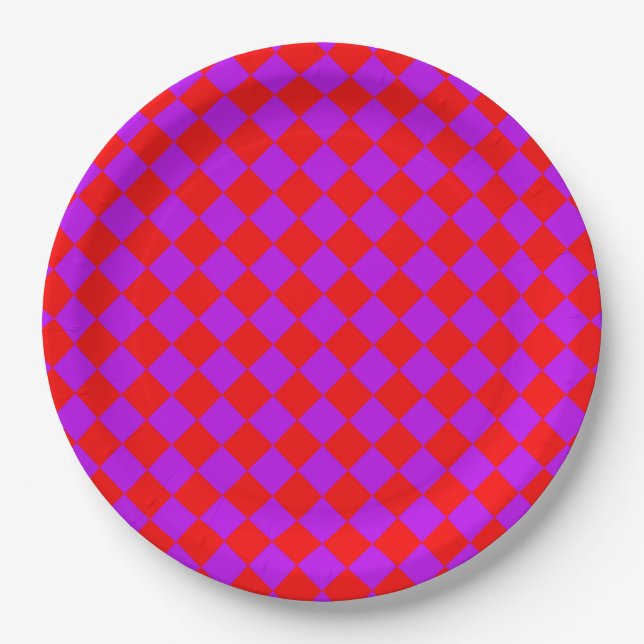 Red Purple Chequered Diamond Pattern Paper Plate (Front)