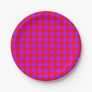 Red Purple Chequered Diamond Pattern Paper Plate