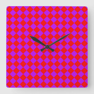 Red Purple Chequered Diamond Pattern Square Wall Clock
