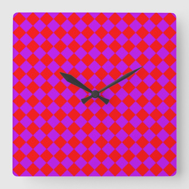 Red Purple Chequered Diamond Pattern Square Wall Clock (Front)