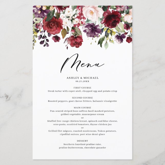 Red & Purple Fall Floral Garland Wedding Menu Card (Front)