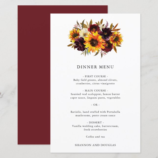 Red Purple Fall Roses Sunflower Wedding Menu (Front/Back)