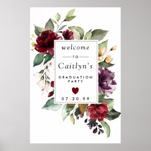 Red Purple Floral Graduation Party Welcome Sign
