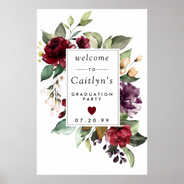 Red Purple Floral Graduation Party Welcome Sign (Front)