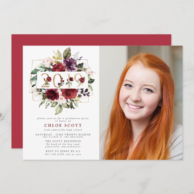 Red Purple Floral Photo Graduation Invitation (Front/Back)