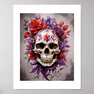 Red & Purple Floral Skull Halloween Wall Art