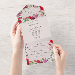 Red Purple Floral Wedding All In One Invitation
