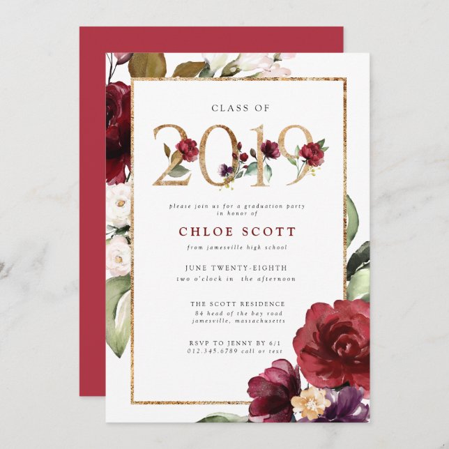 Red Purple Gold Floral 2019 Graduation Party Invitation (Front/Back)
