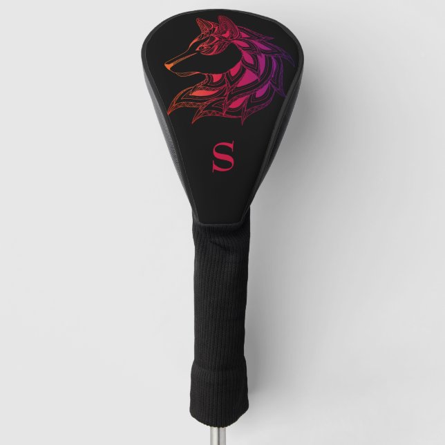 Red & Purple Intricate Wolf Head Monogram Initial  Golf Head Cover (Front)