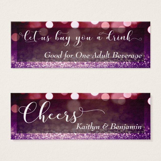 Red Purple Ombre Bokeh Script Mini Drink Ticket (Front & Back)