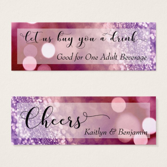 Red Purple Ombre Bokeh Script Mini Drink Ticket (Front & Back)