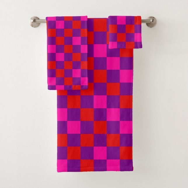 Red Purple Pink Chequered Pattern Design  Bath Towel Set (Insitu)