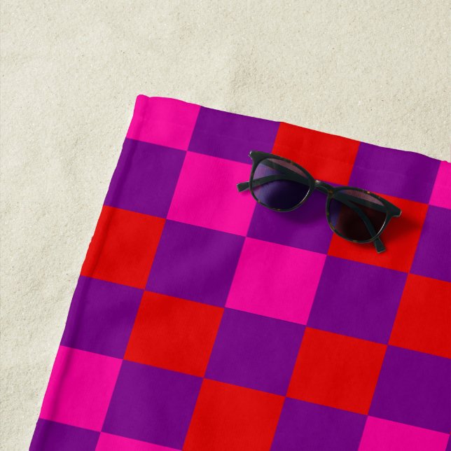 Red Purple Pink Chequered Pattern Design  Beach Towel (In Situ)