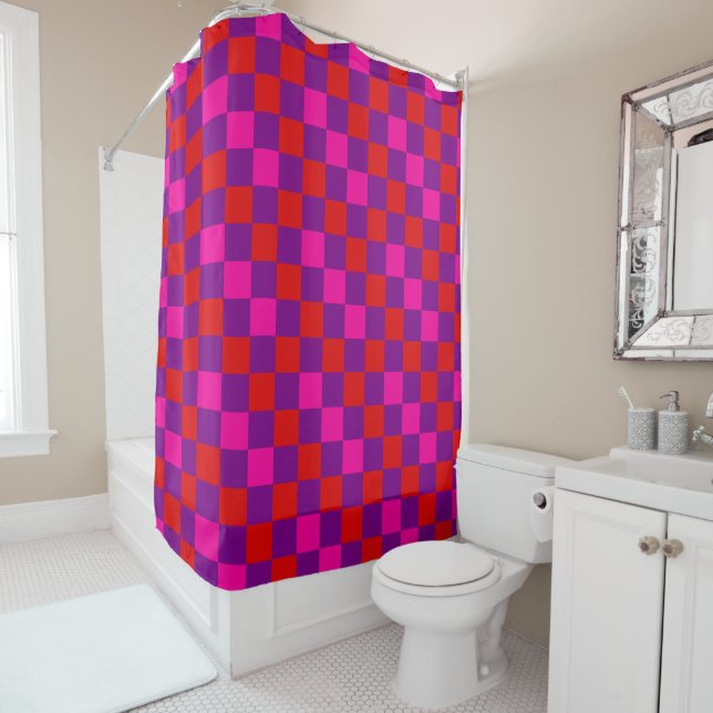 Red Purple Pink Chequered Pattern Design  Shower Curtain (In Situ)