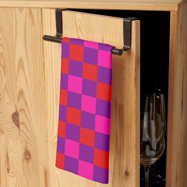 Red Purple Pink Chequered Pattern Design  Tea Towel (Thirds Fold)