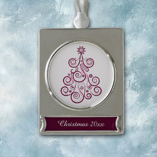 Red Purple Swirl Retro Holiday Tree Silver Plated Banner Ornament