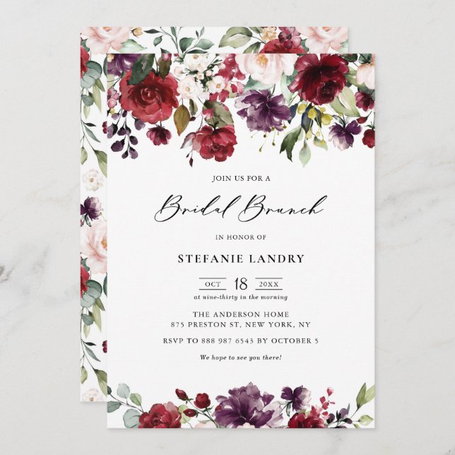 Red Purple Watercolor Floral Garland Bridal Brunch Invitation (Front/Back)