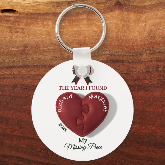 Red Puzzle Heart Missing Piece Custom Couple Names Key Ring (Front)