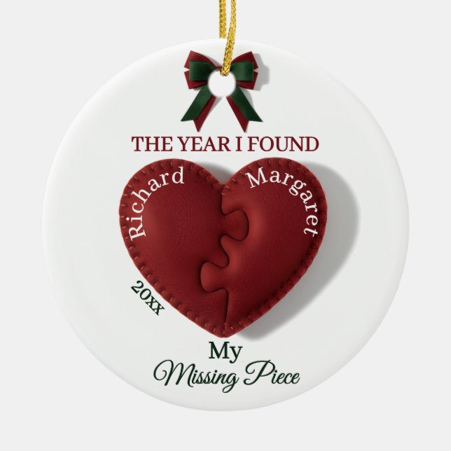 Red Puzzle Heart Missing Piece Personalized Name Ceramic Ornament (Front)