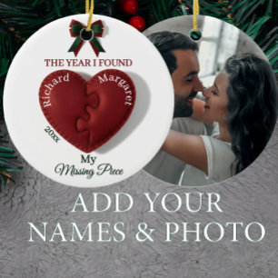 Red Puzzle Heart Missing Piece Personalized Photo Ceramic Ornament