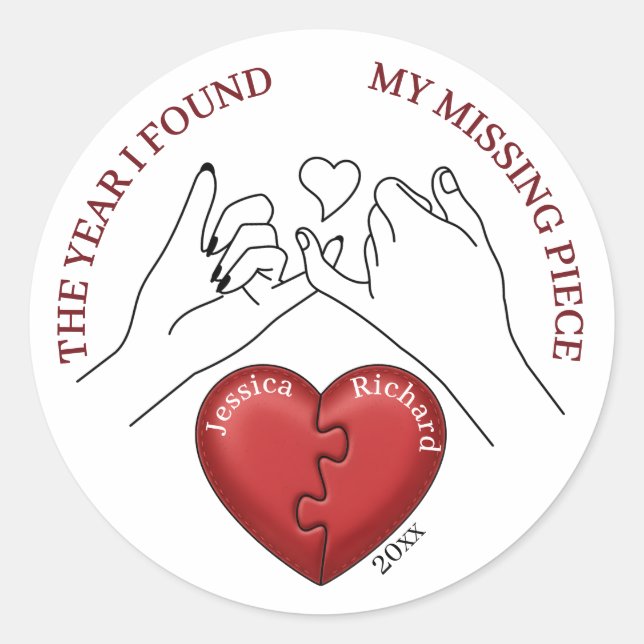 Red Puzzle Heart Pinky Promise Custom Couple Names Classic Round Sticker (Front)