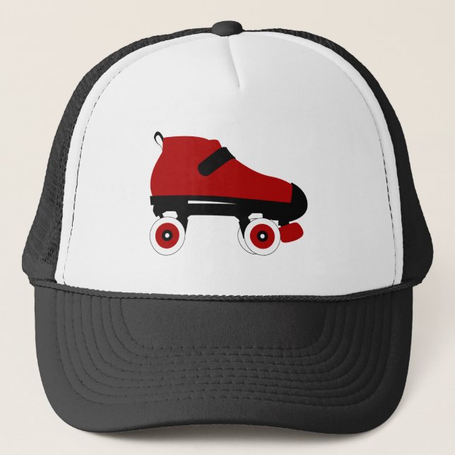 red quad roller derby skate trucker hat (Front)
