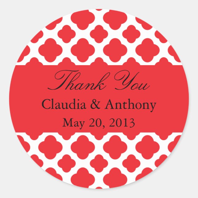 Red Quatrefoil Pattern Wedding Thank You Stickers (Front)