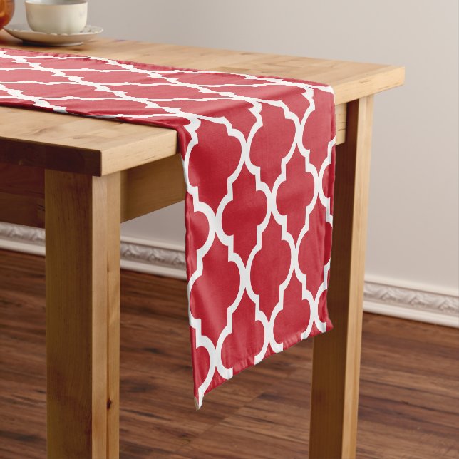 Red Quatrefoil Tiles Pattern Short Table Runner (In Situ)