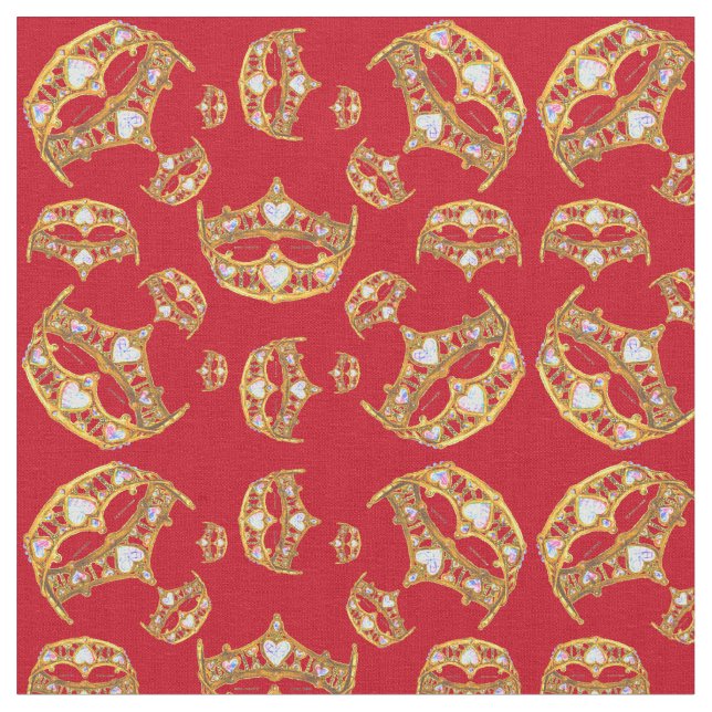 Red Queen of Hearts Gold Crown Repeat Design  Fabric (Close Up)