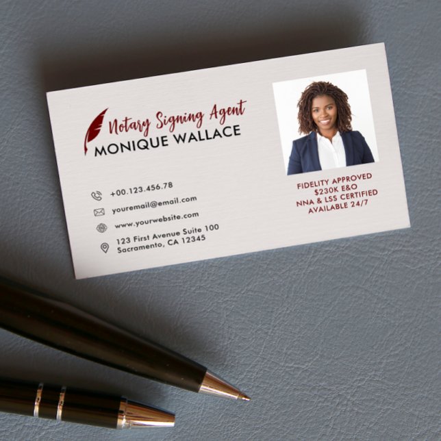 RED QUILL PEN Professional Photo Notary  Services Business Card (Creator Uploaded)