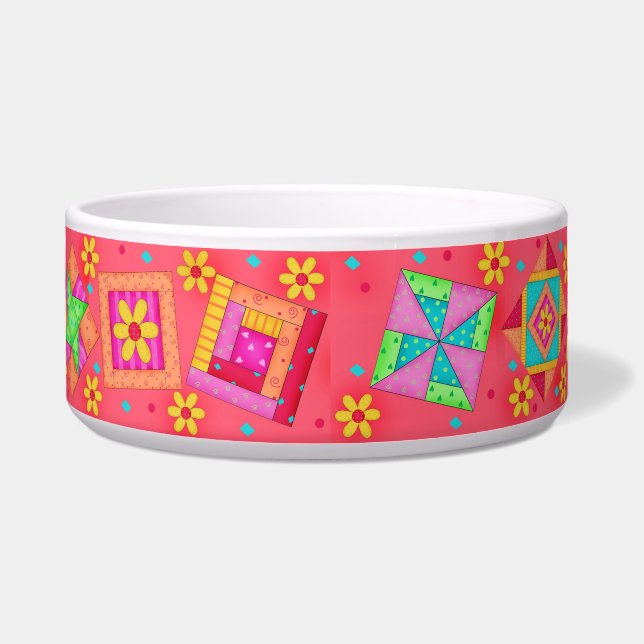 Red Quilt Block Dog Food Bowl (Front)