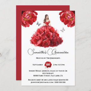Red Quinceañera ballgown peony floral flowers Invitation