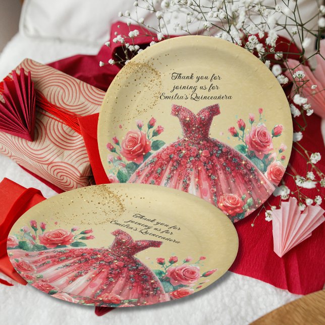 Red Quinceañera Dress Gold Roses Custom Paper Plate (Creator Uploaded)