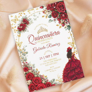 Red Quinceañera Golden Butterflies Roses Invitation