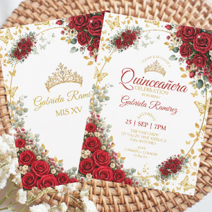 Red Quinceañera Golden Butterflies Roses Invitation